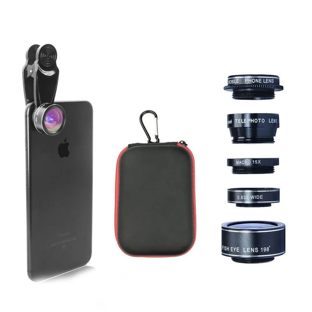 Cell Phone Camera Lens Kit, 5 in 1 Universal Telephoto Lens, 2X Portrait Lens + 0.63X Wide Angle Lens + 15X Macro Lens + 198° Fish Eye Lens + CPL Polarizer - 2