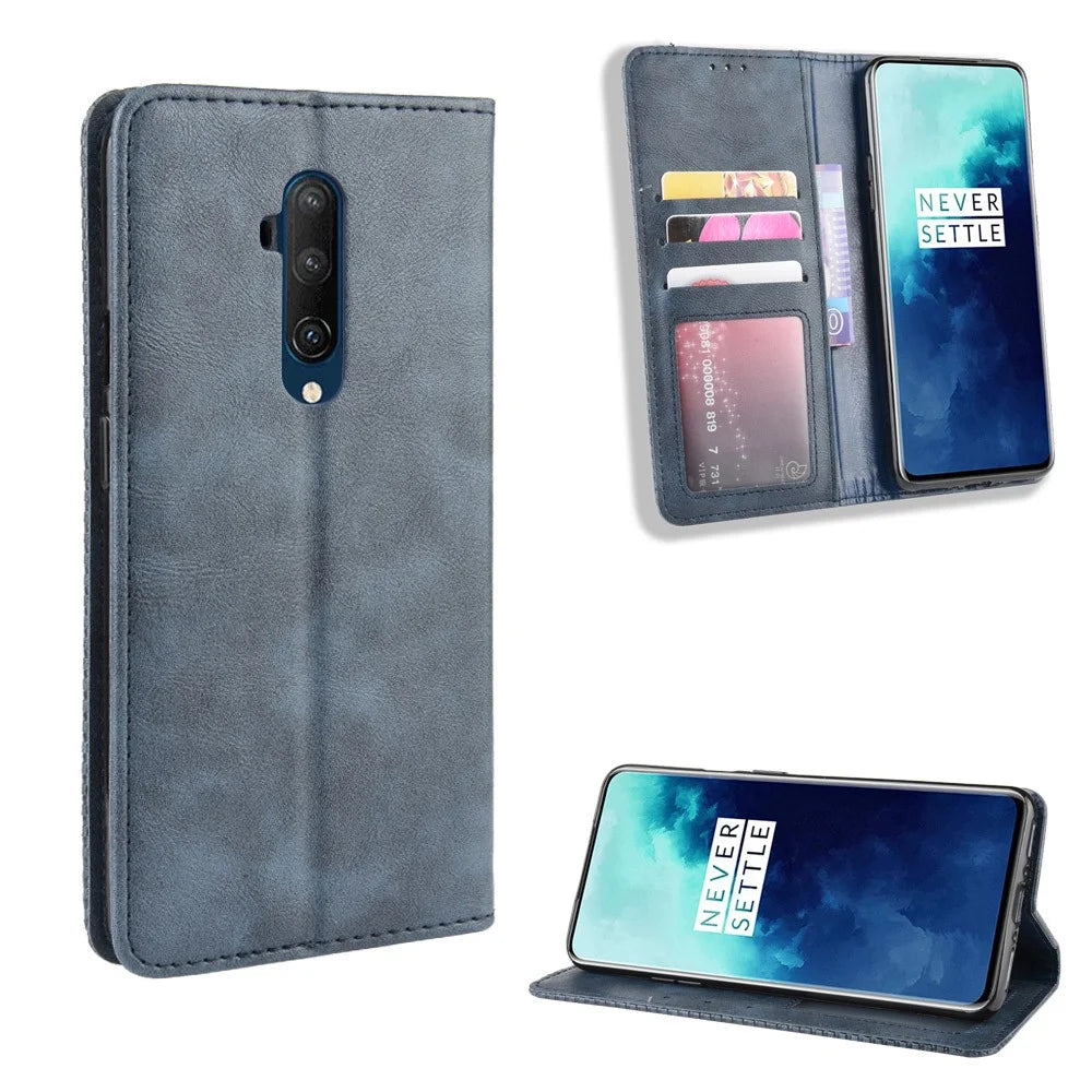 Retro Style Auto-absorbed Leather Casing Phone Shell for OnePlus 7T Pro - Blue - 1