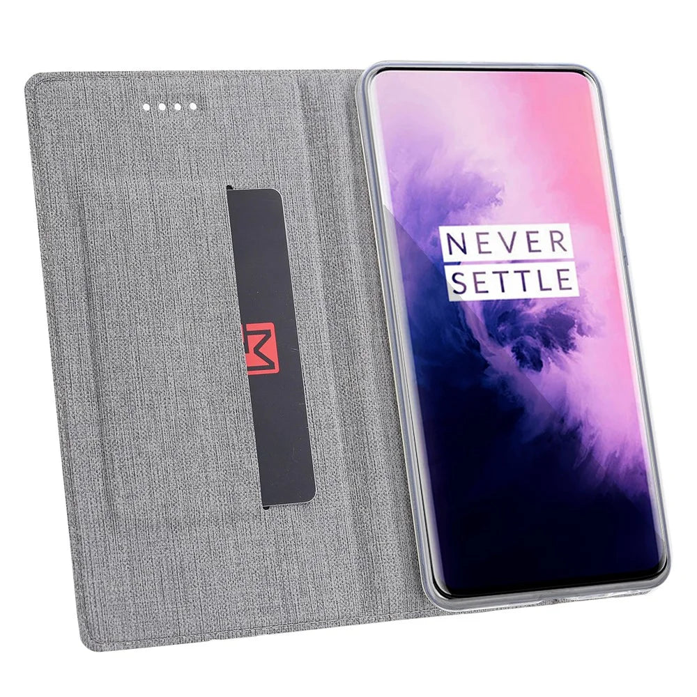 VILI DMX Cross Texture Leather Stand Case with Card Slot for OnePlus 7T Pro - Grey - 2