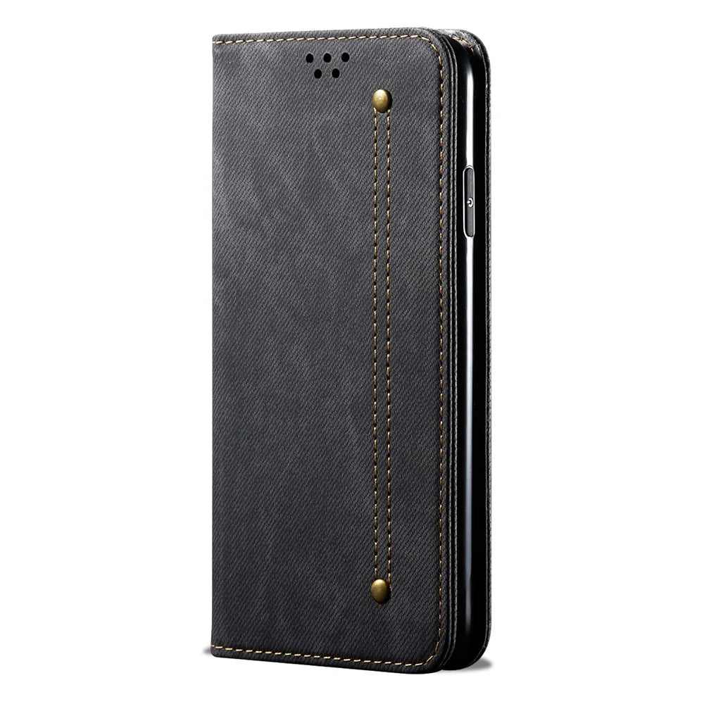 Vintage Style Jeans Cloth Texture Wallet Flip Leather Case for OnePlus 8 Pro - Black - 3