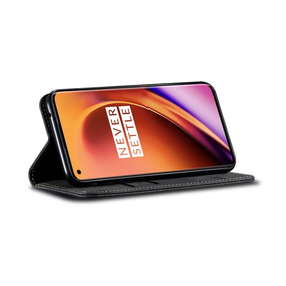 Vintage Style Jeans Cloth Texture Wallet Flip Leather Case for OnePlus 8 Pro - Black - 7