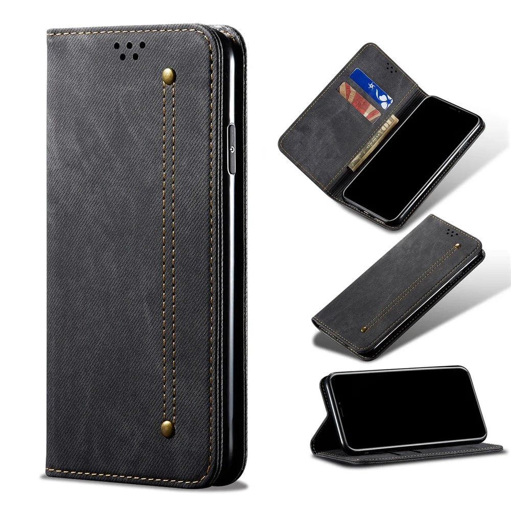Vintage Style Jeans Cloth Texture Wallet Flip Leather Phone Case for OnePlus 8 - Black - 1
