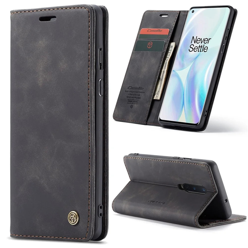 CASEME 013 Series Auto-absorbed Leather Wallet Shell for OnePlus 8 - Black - 2