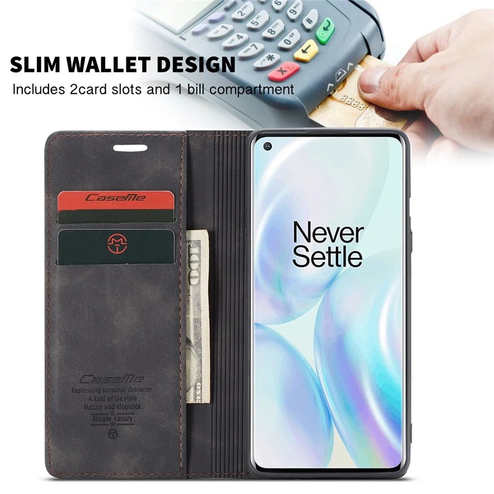 CASEME 013 Series Auto-absorbed Leather Wallet Shell for OnePlus 8 - Black - 3