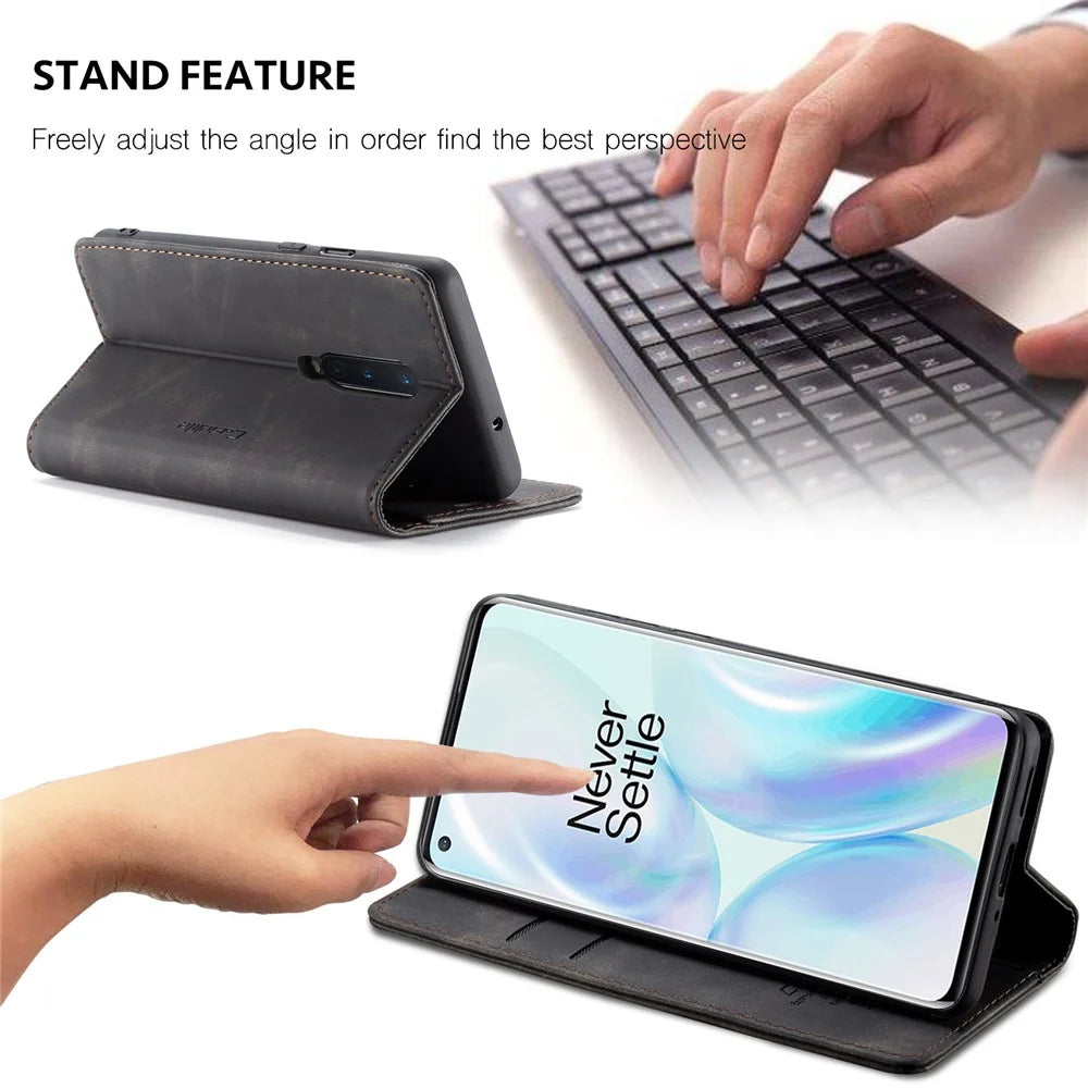 CASEME 013 Series Auto-absorbed Leather Wallet Shell for OnePlus 8 - Black - 5