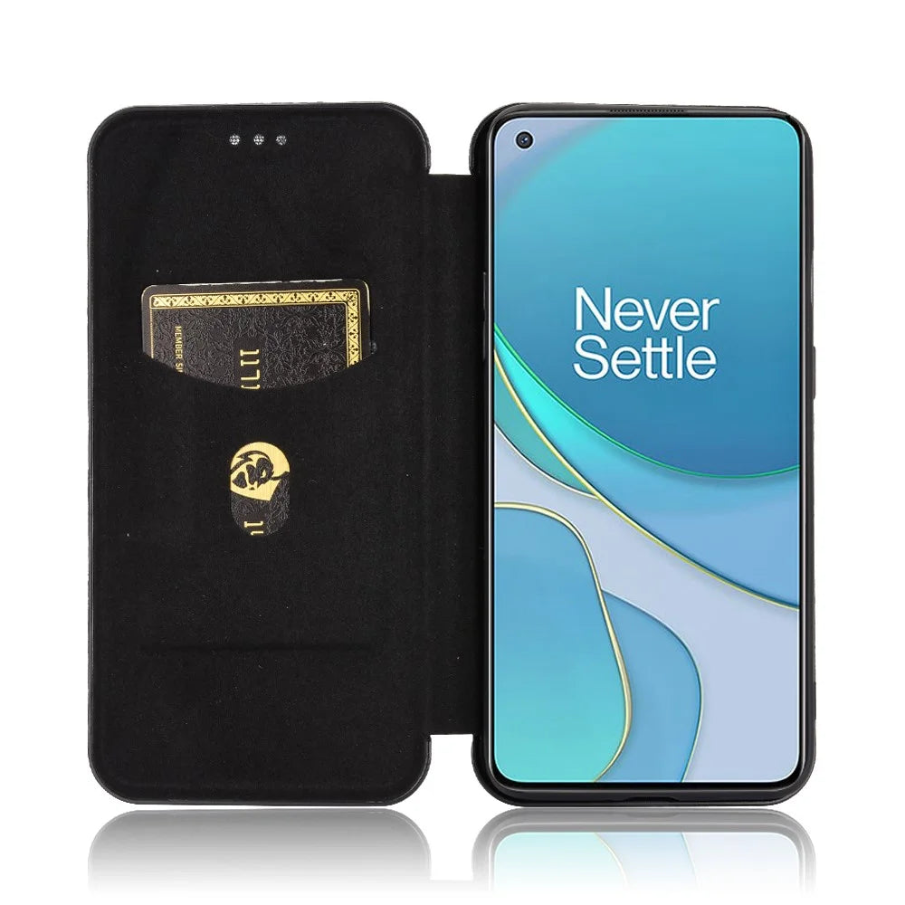 For OnePlus 8T Carbon Fiber Texture Auto-absorbed Flip Leather Cover Stand Card Slots Case - Black - 5