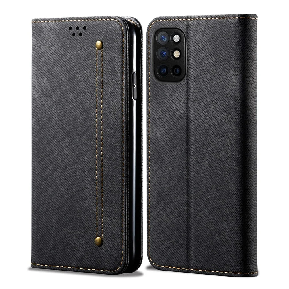 Vintage Style Jeans Cloth Texture Wallet Stand Leather Phone Cover for OnePlus 8T - Black - 2