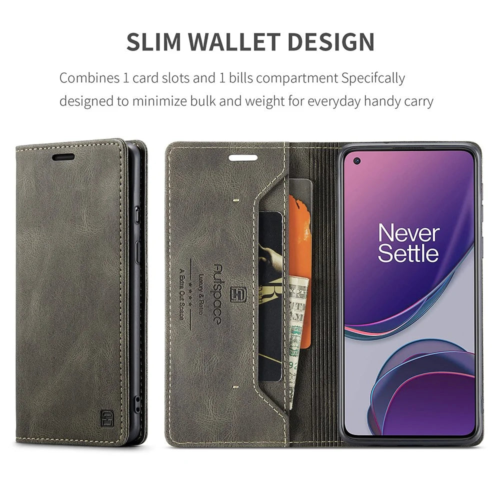 AUTSPACE A01 Series RFID Blocking Retro Matte Leather Case Wallet for OnePlus 8T - Green - 6