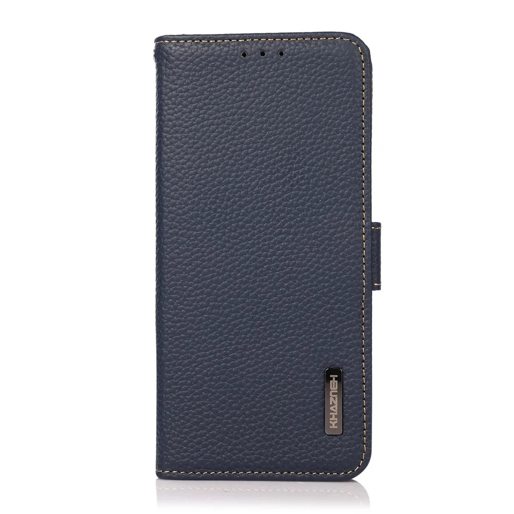 KHAZNEH Wallet Stand Litchi Texture Genuine Leather Cover Case with Anti-theft Swiping Design for OnePlus Nord 2 5G - Blue - 2