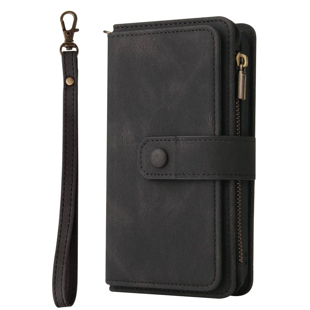 For OnePlus 9 Pro Zipper Wallet Case with 15 Card Slots and Strap Leather Phone Cover - Black - 2