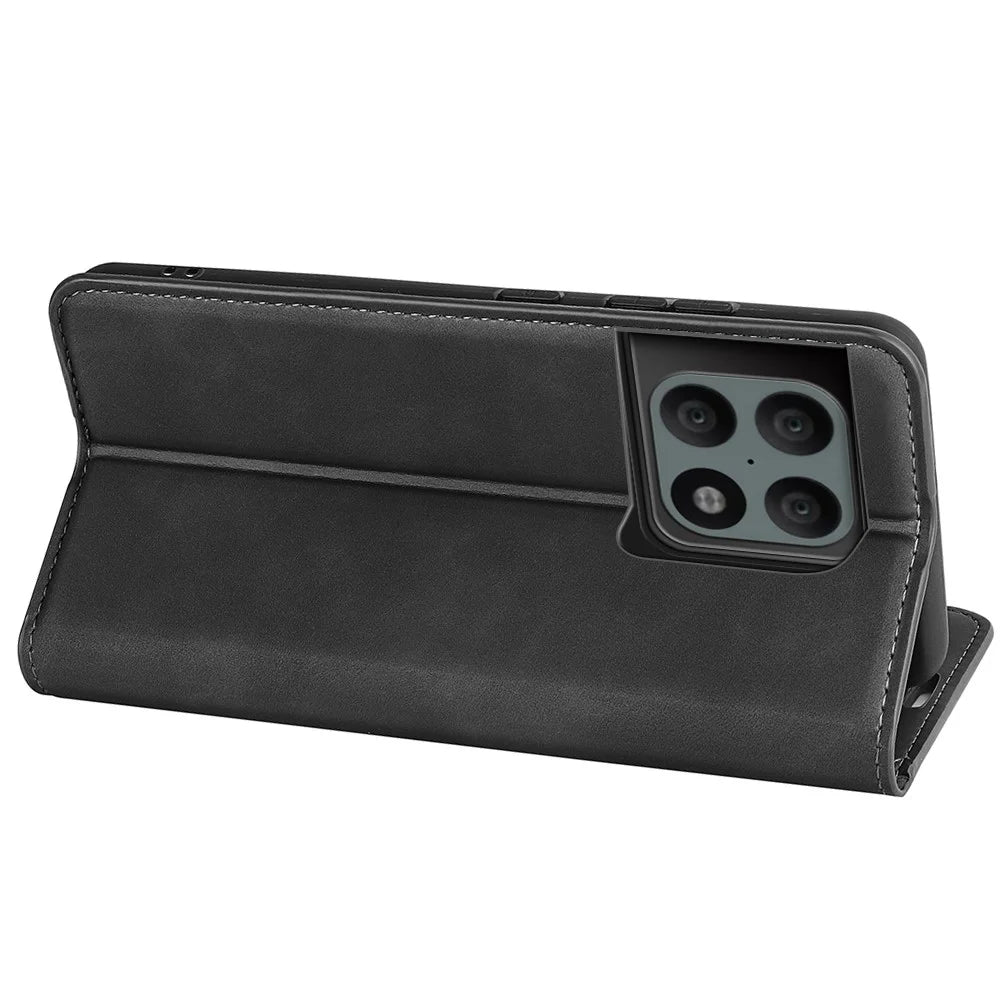 Skin-Touch PU Leather Cover Auto Magnetic Closure Wallet Stand Phone Shell for OnePlus 10 Pro 5G - Black - 7