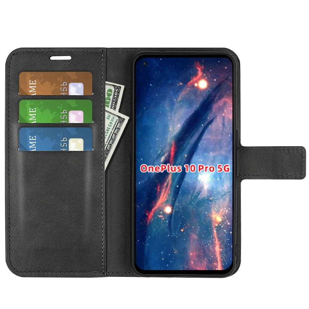 Full Body Protection PU Leather + TPU Magnetic Clasp Stand Wallet Phone Cover for OnePlus 10 Pro 5G - Black - 5