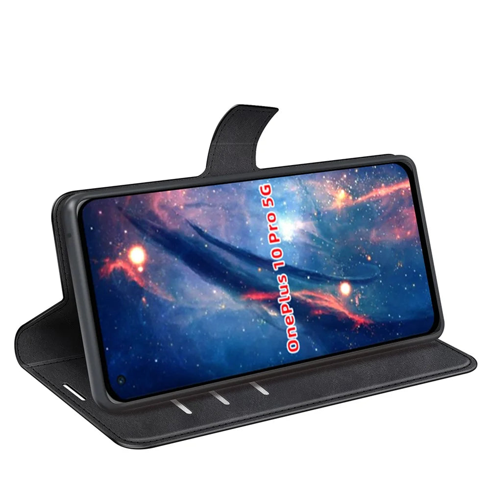 Full Body Protection PU Leather + TPU Magnetic Clasp Stand Wallet Phone Cover for OnePlus 10 Pro 5G - Black - 6