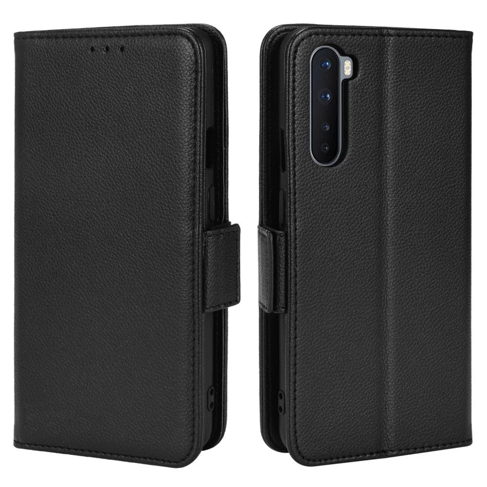 Litchi Texture Double Magnetic Clasp Leather Case for OnePlus Nord, Stand Wallet Folio Flip Phone Cover - Black - 1