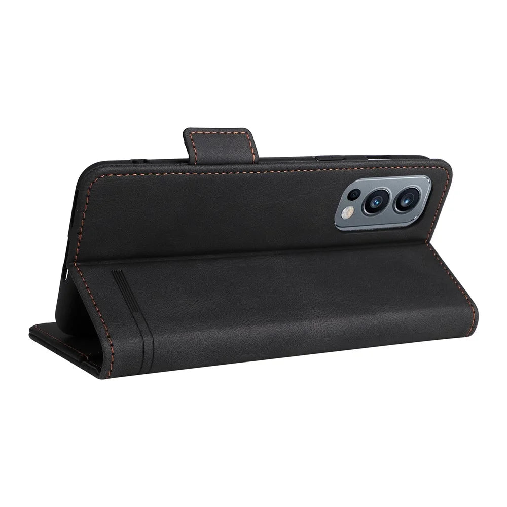 For OnePlus Nord 2 5G Side Magnetic Clasps Hardware Design Cover Leather+TPU Smartphone Case Shell with Wallet Stand - Black - 5