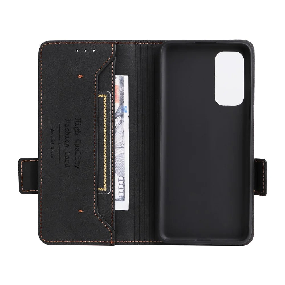 For OnePlus Nord 2 5G Side Magnetic Clasps Hardware Design Cover Leather+TPU Smartphone Case Shell with Wallet Stand - Black - 7
