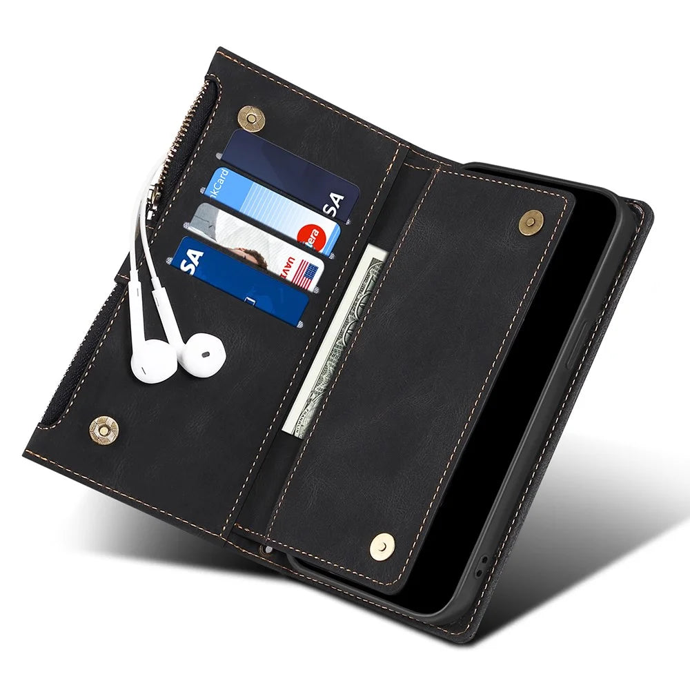 ESEBLE For OnePlus 10 Pro 5G Foldable Stand Wallet Cover Multi-functional Zipper Pocket Cell Phone Case - Black - 6