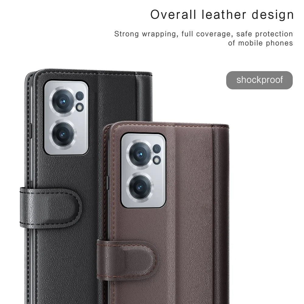 For OnePlus Nord CE 2 5G Drop Proof Wallet Case Split Leather Genuine Leather Folio Flip Stand Cover - Black - 4