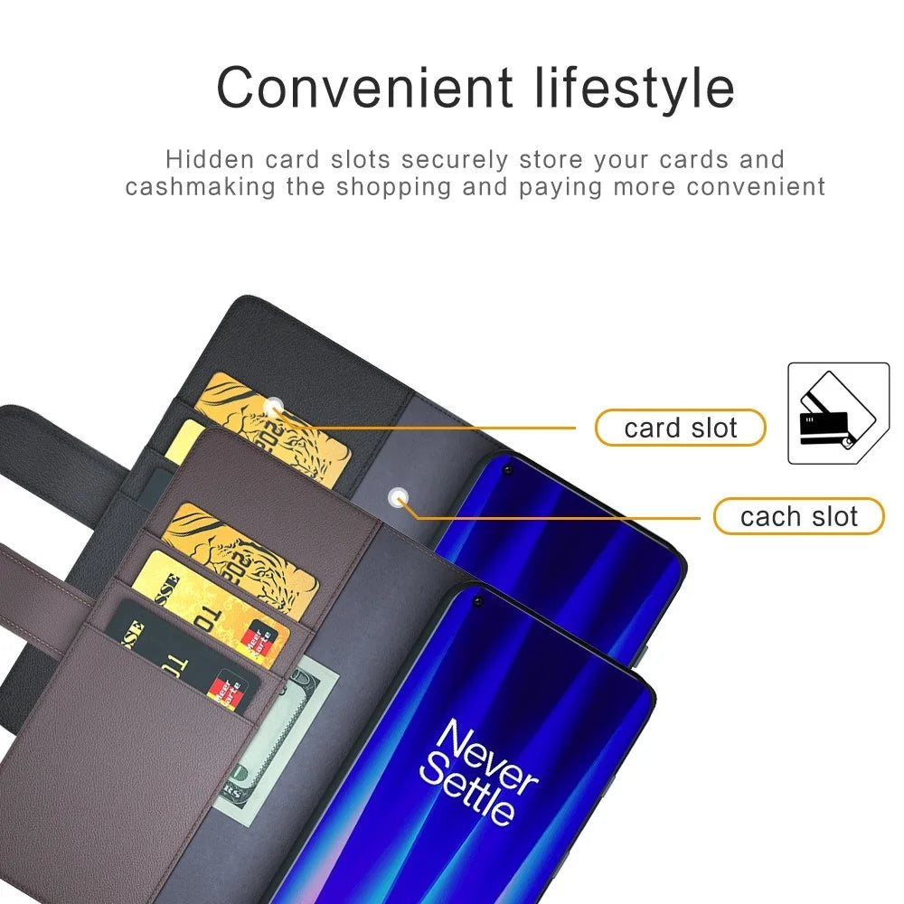 For OnePlus Nord CE 2 5G Drop Proof Wallet Case Split Leather Genuine Leather Folio Flip Stand Cover - Black - 5