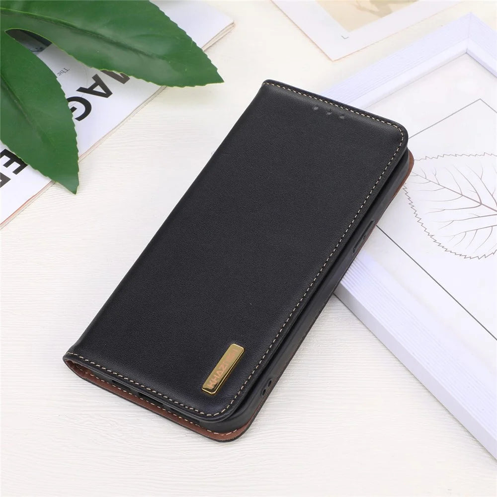 KHAZNEH For OnePlus Nord CE 2 Lite 5G Nappa Texture Genuine Cowhide Leather Flip Cover Magnetic Auto-absorbed Stand Book Folding Folio Wallet Case - Black - 6