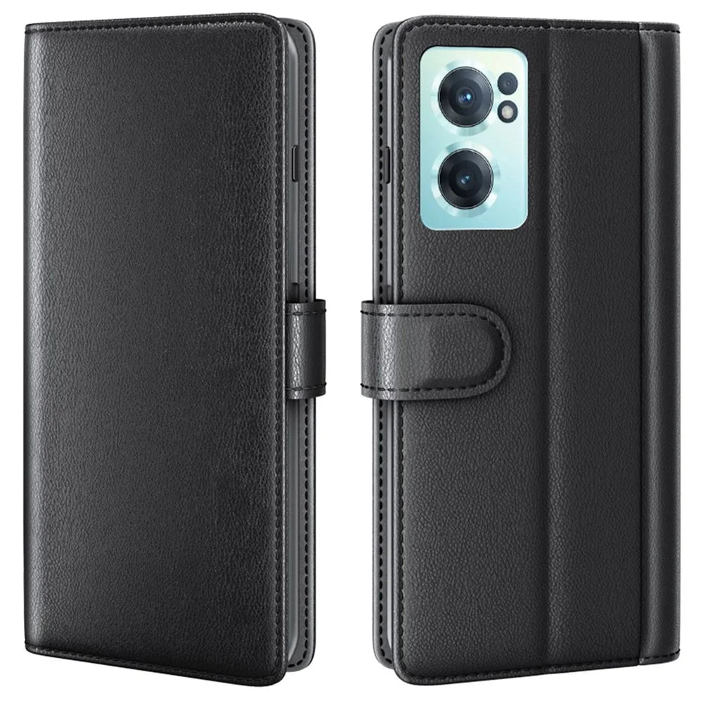 For OnePlus Nord CE 2 5G Case Genuine Split Leather Phone Cover with Wallet Stand - Black - 1
