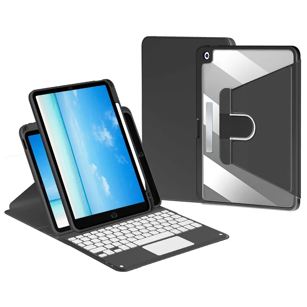 For iPad 10.2 (2021)/(2019)/(2020) Detachable Bluetooth-compatible Keyboard with TouchPad + Rotating Leather Protective Cover Case with Pencil Holder - Black - 1