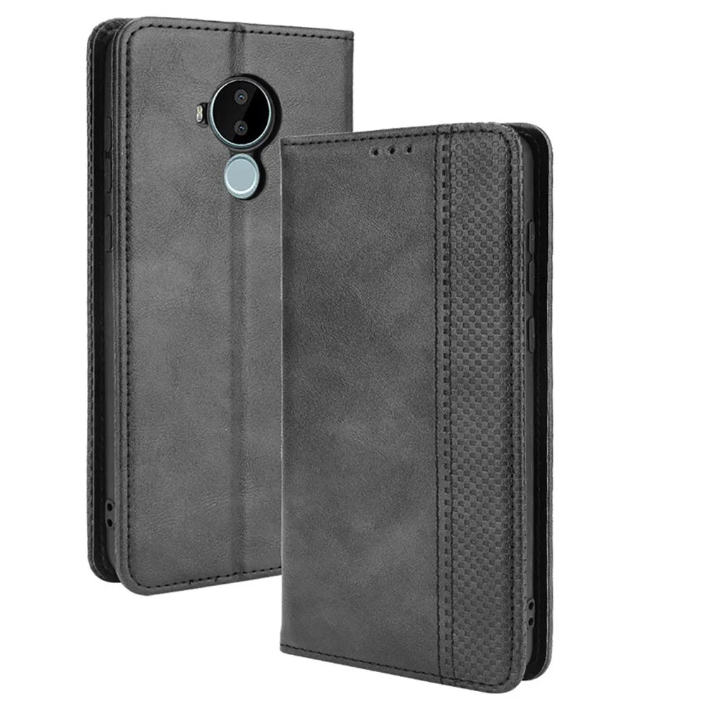 For Nokia C30 Retro Textured Surface Phone Leather Case Shockproof Leather Phone Wallet Stand Cover - Black - 1