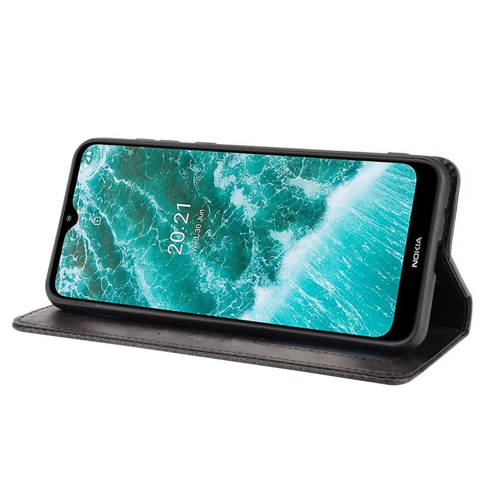 For Nokia C30 Retro Textured Surface Phone Leather Case Shockproof Leather Phone Wallet Stand Cover - Black - 5