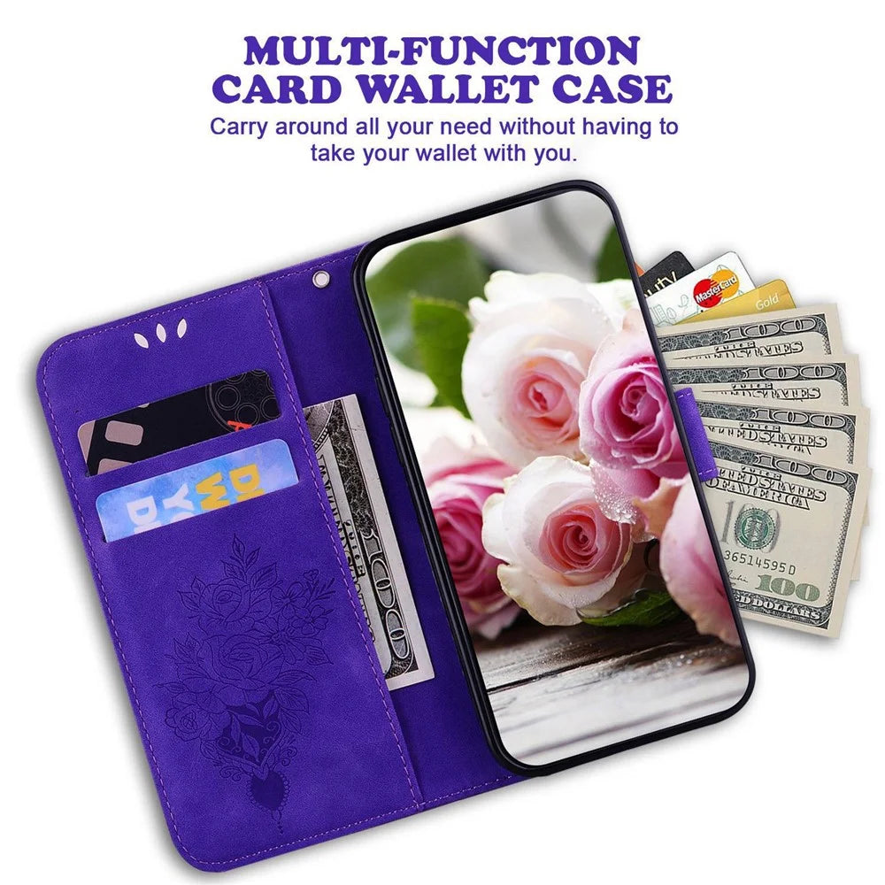 For Nokia C21 Plus All-round Shockproof Flip Folio Case Imprinting Roses Butterflies Phone Cover PU Leather Wallet Stand with Strap - Purple - 2