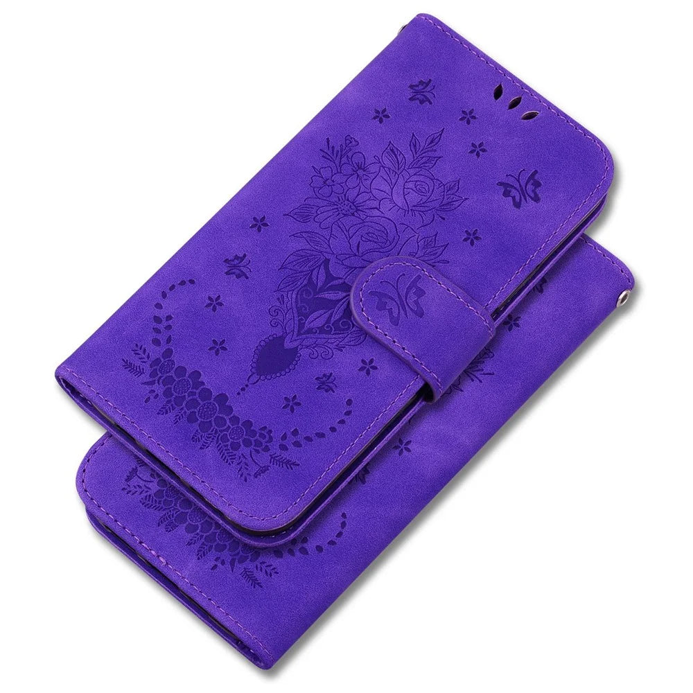 For Nokia C21 Plus All-round Shockproof Flip Folio Case Imprinting Roses Butterflies Phone Cover PU Leather Wallet Stand with Strap - Purple - 6