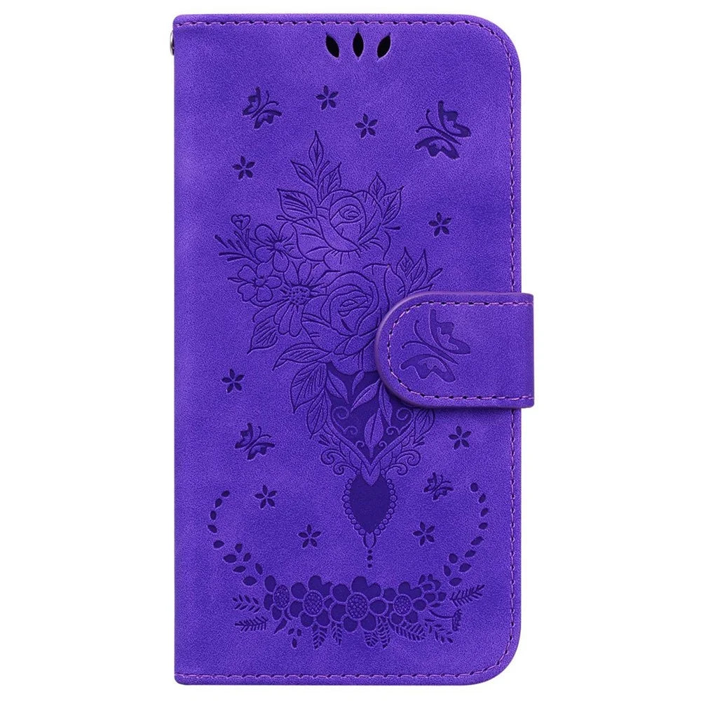 For Nokia C21 Plus All-round Shockproof Flip Folio Case Imprinting Roses Butterflies Phone Cover PU Leather Wallet Stand with Strap - Purple - 7