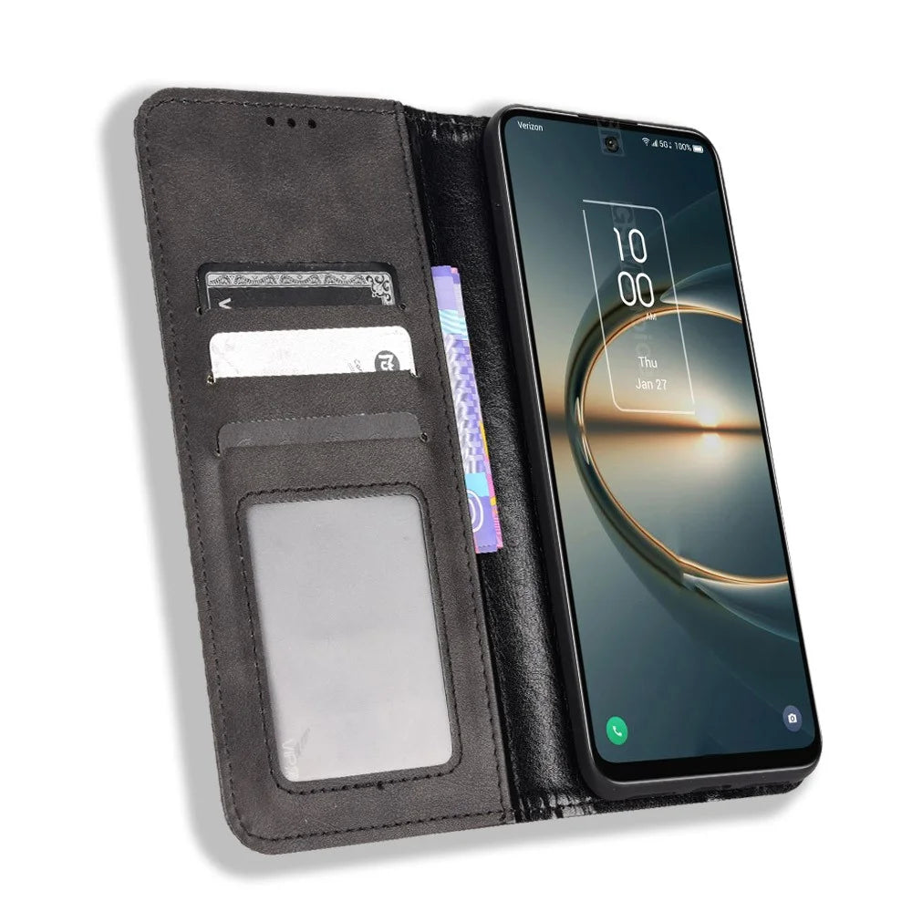 For TCL 30 V 5G/30 XE 5G Retro Leather Magnetic Anti-fall Shell Mosaic Imprinted Wallet Style Stand Folio Cover - Black - 2