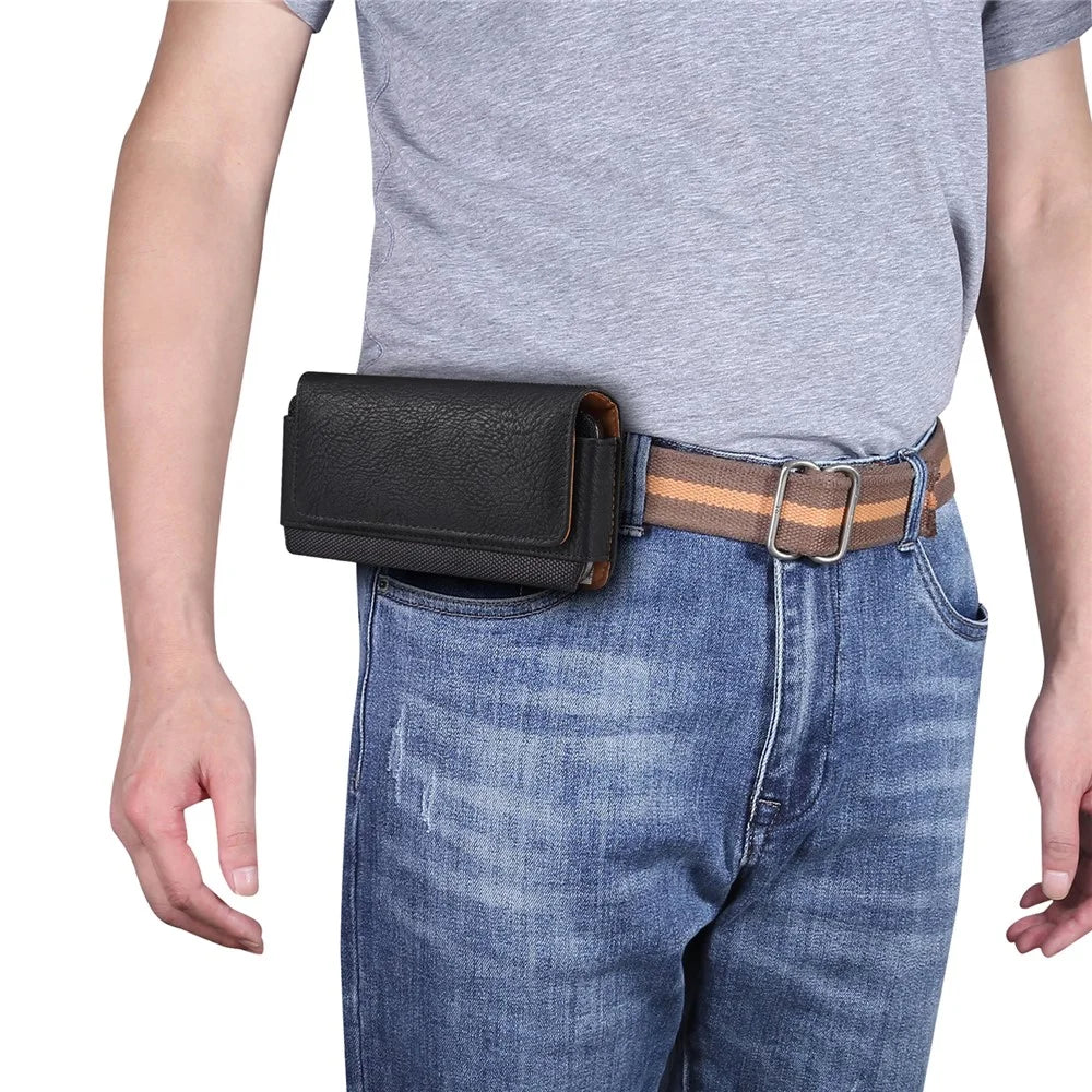 Horizontal Cowhide Texture PU Leather+Nylon Phone Belt Bag for 4.7-5.4" Smartphone Waist Pouch - Black - 2