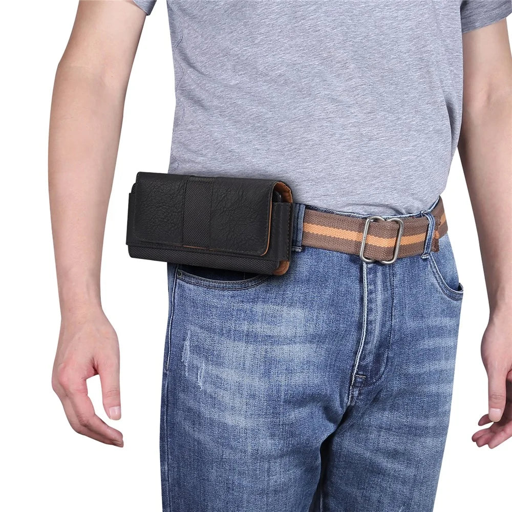 Cowhide Texture PU Leather+Nylon Phone Belt Bag for 6.7-6.9" Cell Phone Horizontal Splicing Waist Pouch - Black - 2