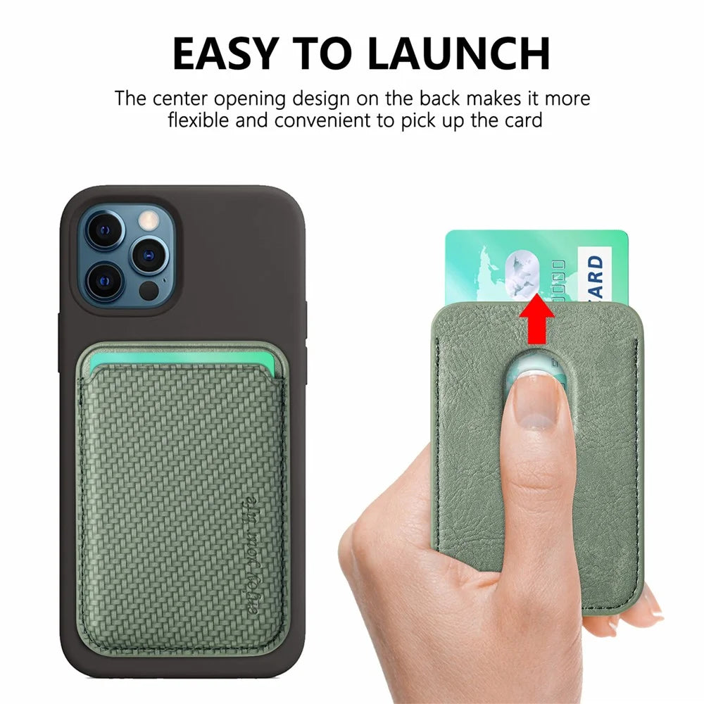 Carbon Fiber Texture Magnetic Absorption PU Leather Credit Card Slot Holder for iPhone 12 / 13 Series - Green - 6