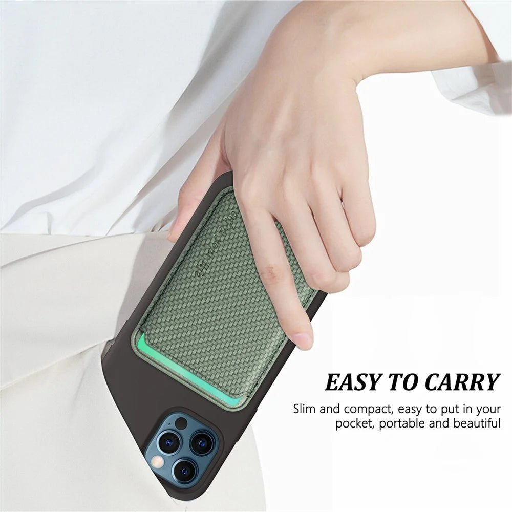 Carbon Fiber Texture Magnetic Absorption PU Leather Credit Card Slot Holder for iPhone 12 / 13 Series - Green - 7