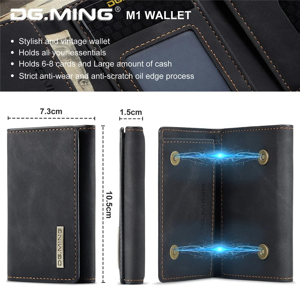 DG.MING M1 Series PU Leather Magnetic Absorption Closure Tri-Fold Pocket Wallet Cash Card Holder Coin Purse - Black - 7