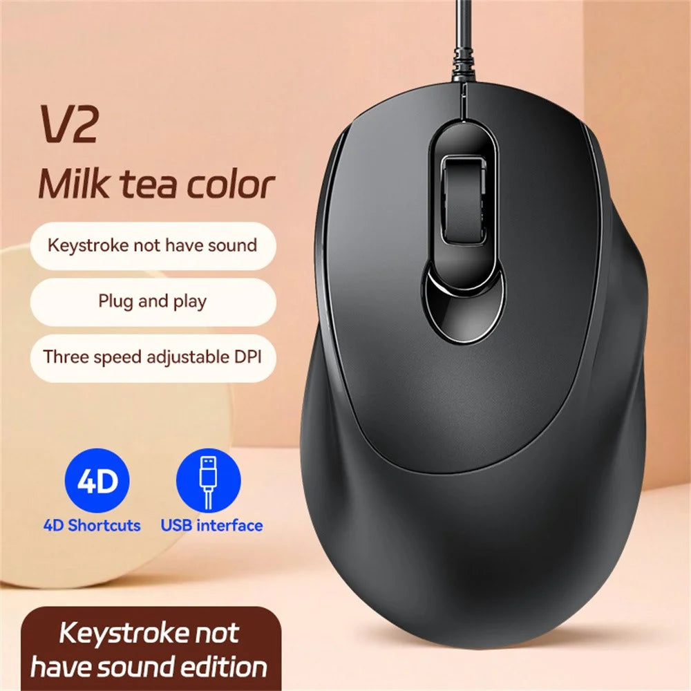 V2 Business Office Wired Mouse 4D Buttons Silent Click Adjustable DPI Ergonomic Design - Black - 2