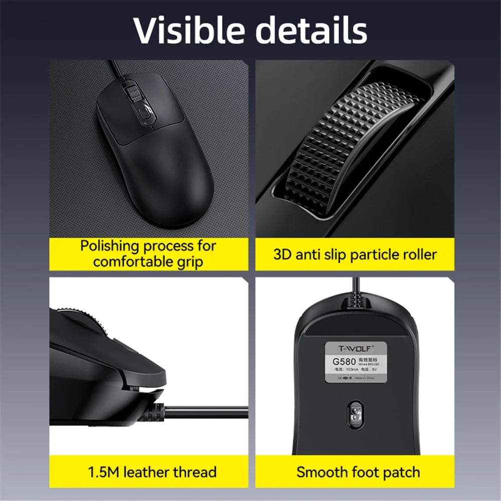 T-WOLF G580 Wired Mouse with Anti-Slip Sticker Ergonomic Design Office Mouse Support 1000-1600 DPI - Black - 7