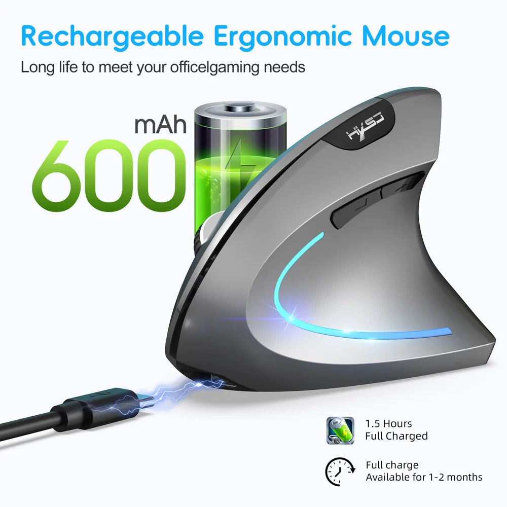 HXSJ T22 Ergonomic Vertical Mouse 2.4G/Bluetooth-compatible Dual Mode 2400DPI Adjustable Mouse - Metallic Gray - 5