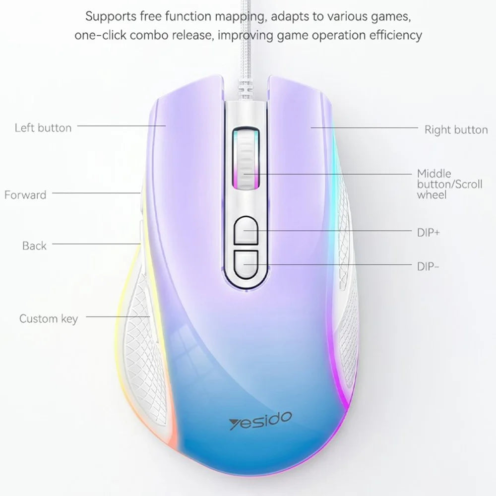 YESIDO KB51 RGB Gradient Wired Gaming Mouse 8 Buttons 7200 DPI Optical Sensor Mouse for PC Gaming - Purple Blue - 6