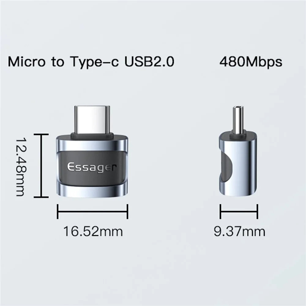 ESSAGER Micro USB Female to Type-C Male USB2.0 Data Transfer Charging OTG Adapter - Black - 6