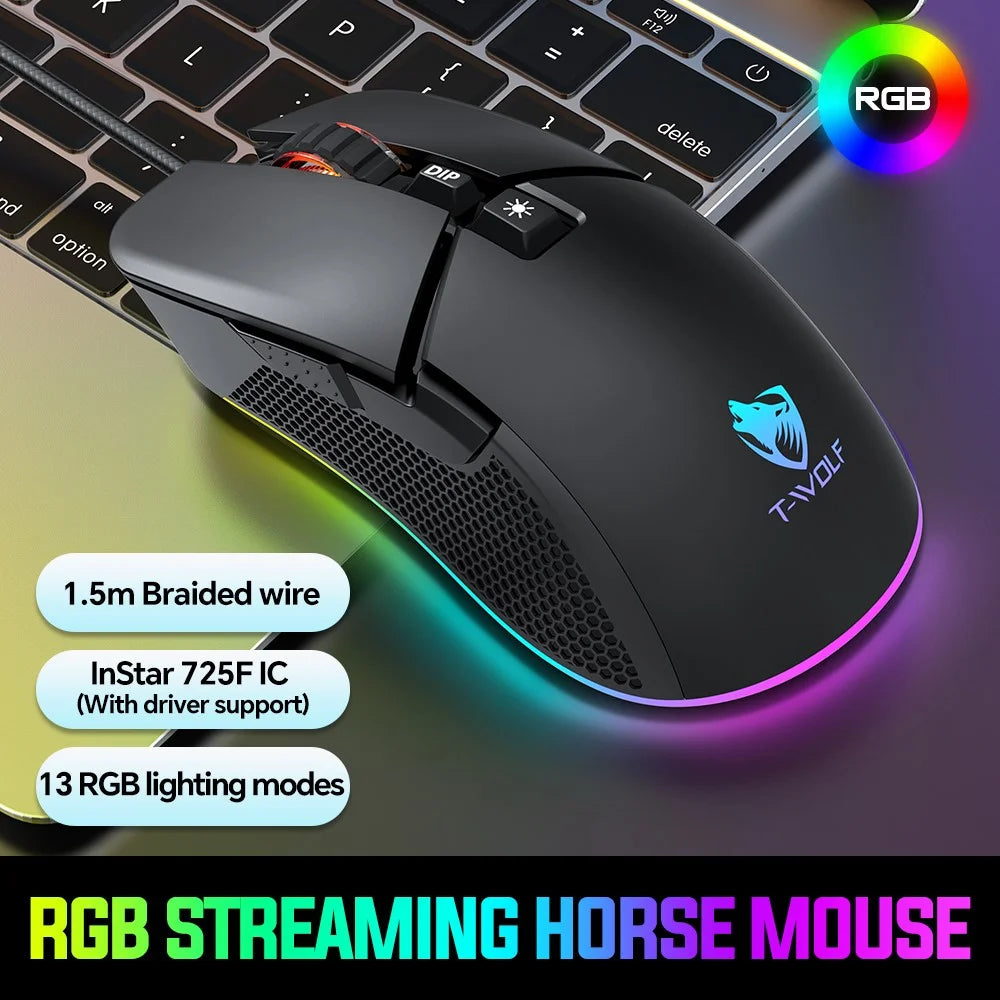 T-WOLF G590 USB Wired Gaming Mouse RGB Light 800-7200DPI ABS Computer Laptop Mice - 2
