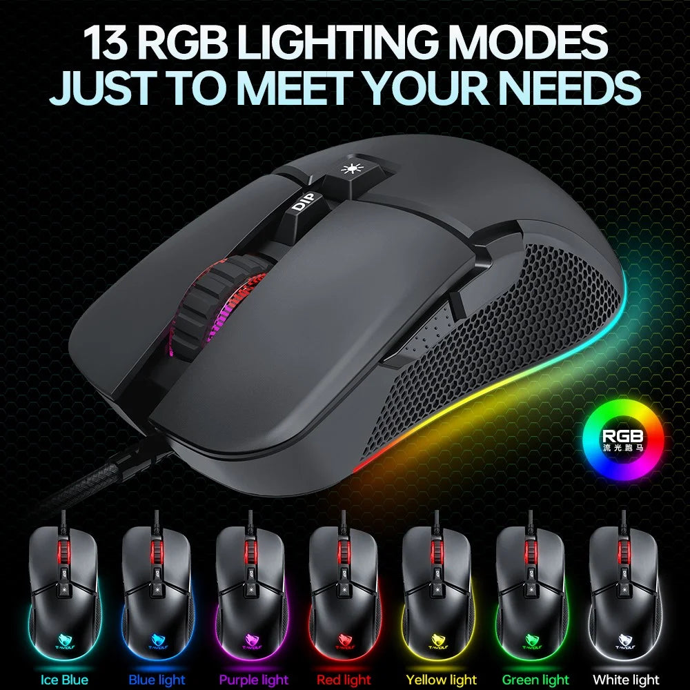 T-WOLF G590 USB Wired Gaming Mouse RGB Light 800-7200DPI ABS Computer Laptop Mice - 4