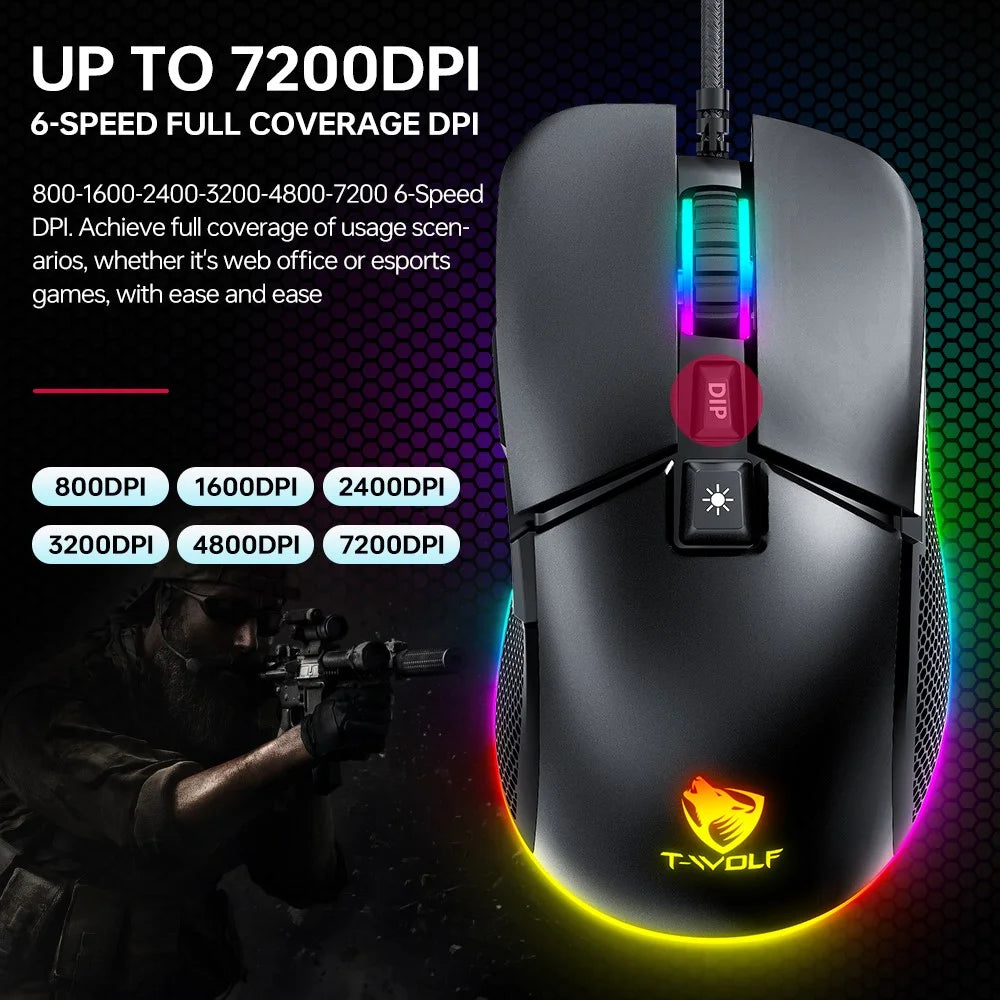 T-WOLF G590 Wired RGB Gaming Mouse 800-7200DPI Effortless E-Sports Mice - 6