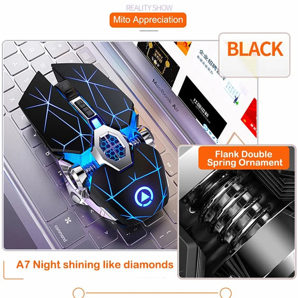 YINDIAO A7 1600 DPI 7 Keys Silent Gaming Mouse 7-color Light 2.4G Wireless Mouse - Matte Black - 4