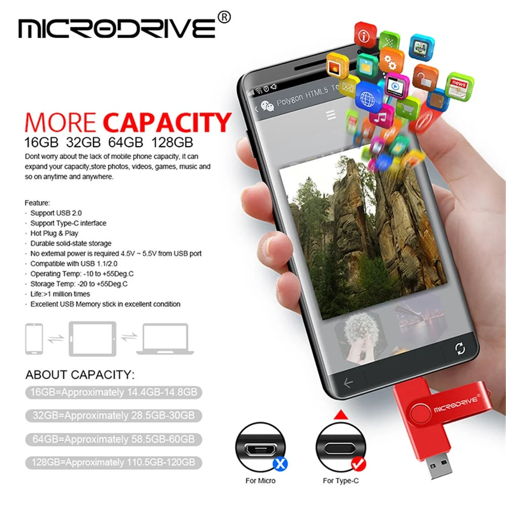 MICRODRIVE USB 2.0 + Type-C 2-in-1 Metal Flash Drive Rotating OTG 32GB USB Memory Stick - Black - 2