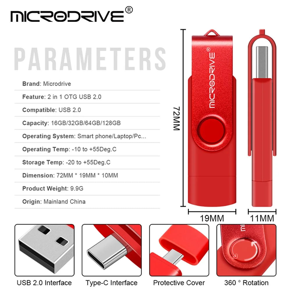 MICRODRIVE 128GB Rotating U-Disk 2-in-1 USB 2.0 / Type-C OTG Metal Flash Drive - Red - 5