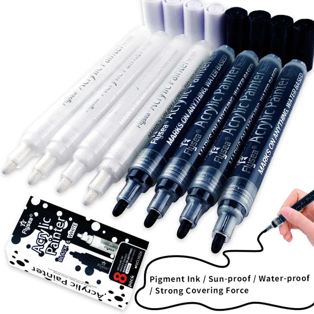 FLYSEA 1026 6Pcs / Box Black White Acrylic Paint Pens Ceramic Painting Markers (3Pcs Black + 3Pcs White) - 2