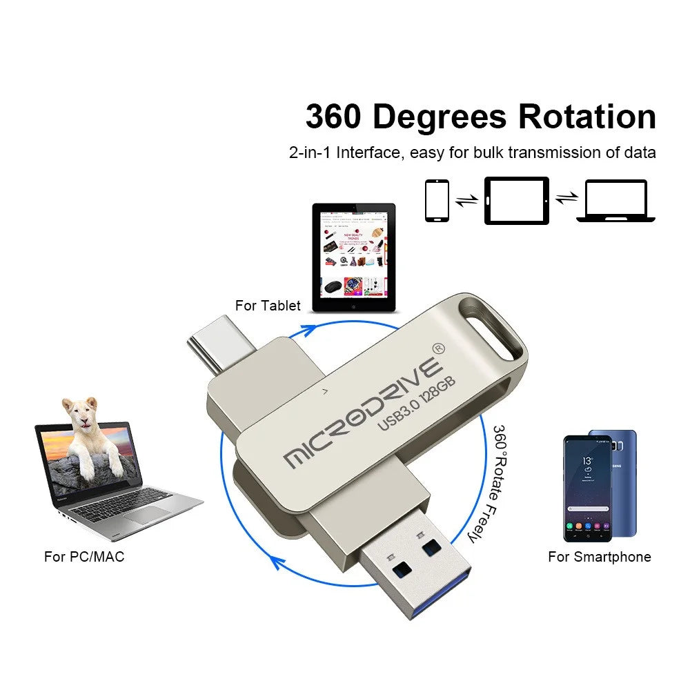 MICRODRIVE MDTU21 128GB Metal Flash Drive 2-in-1 USB 3.0 + Type-C Rotating U-Disk - 3